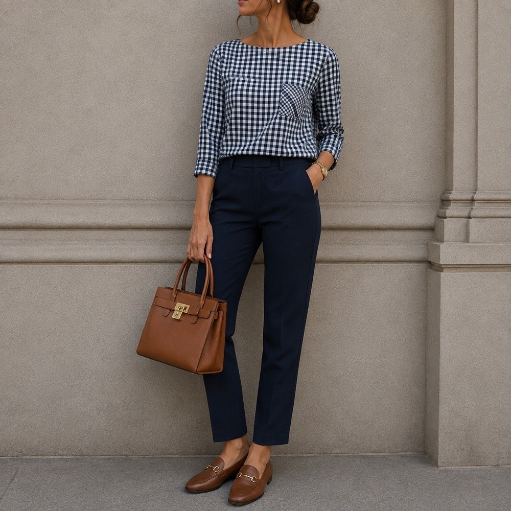 J. Jill Gingham Top Medium Navy Blue Button Back Cotton Preppy Fall Chic Plaid